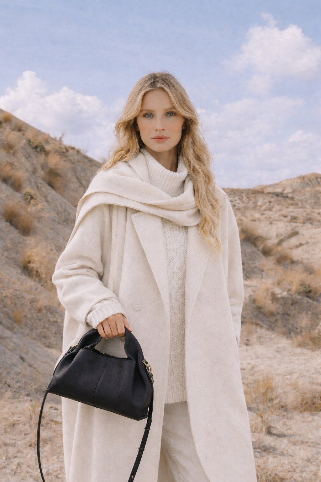 Sophisticated Minimalist Trench Coat Ensemble Featuring Oversized Stone Beige Outerwear and Layered Neutral Tailoring with Structured Black Leather Top Handle Handbag – Modern Quiet Luxury Womenswear Editorial Look