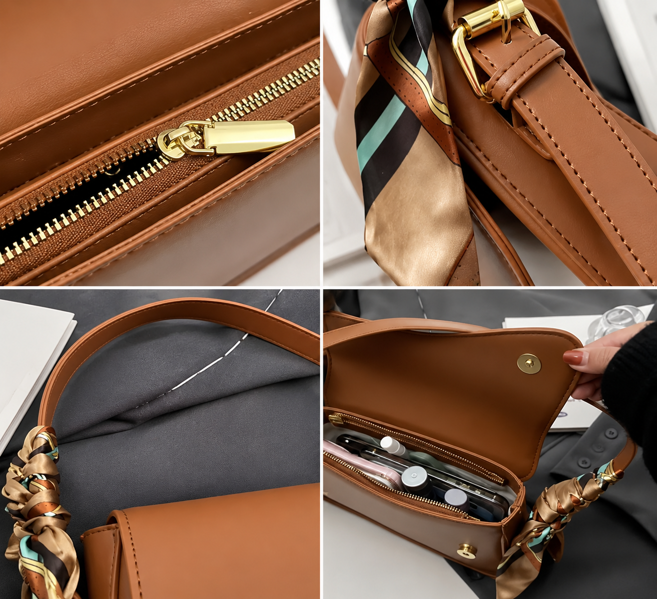 Tan Brown Vegan Leather Saddle Flap Crossbody Bag