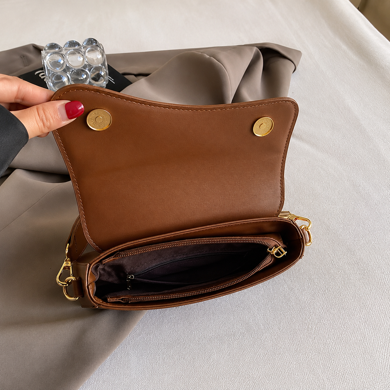 Tan Brown Vegan Leather Saddle Flap Crossbody Bag