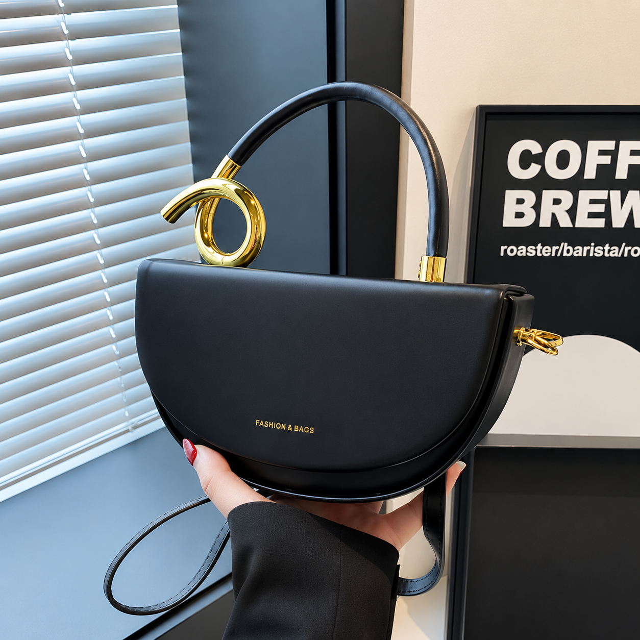 Black Vegan Leather Half-Moon Top Hand Bag