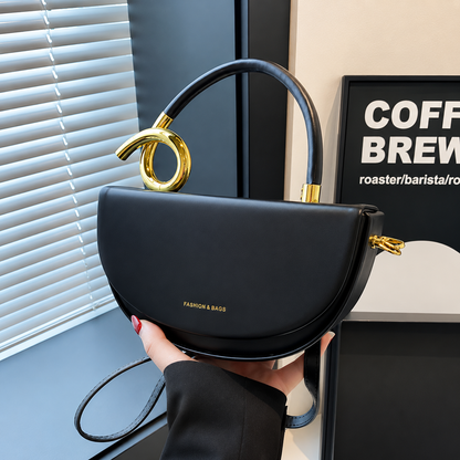 Black Vegan Leather Half-Moon Top Hand Bag