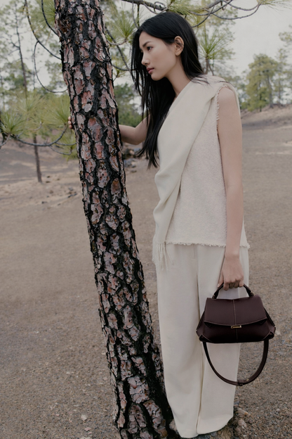 Dark Brown Pebbled Leather Top-Handle Handbag with Contrast Stitching