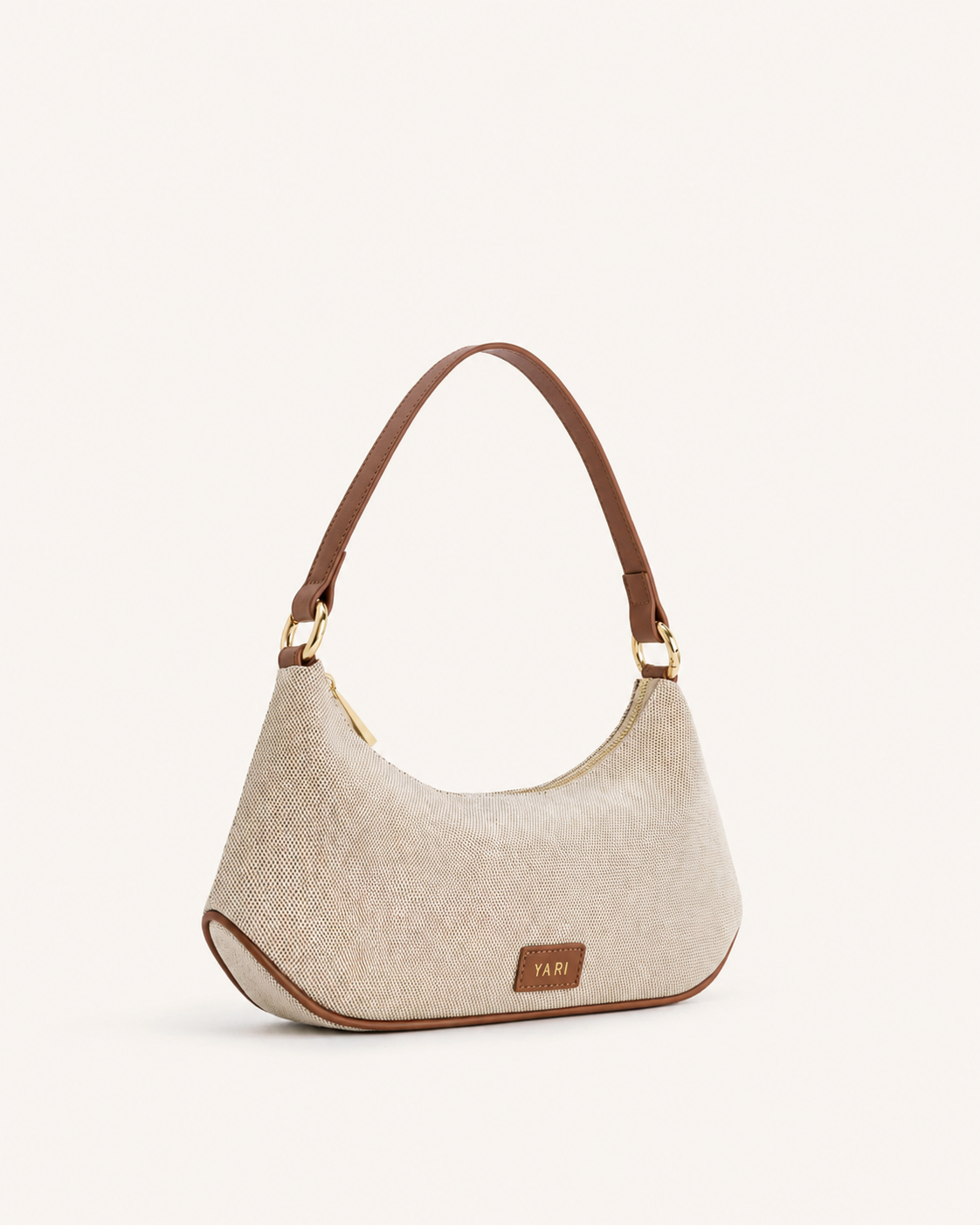 YARI Cream Canvas Shoulder Bag with Brown Leather Trim