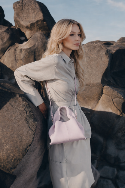 Modern Minimalist Editorial Look Featuring Draped Sage Grey Tailoring with Structured Soft Lilac Leather Crossbody Top Handle Handbag – Elegant Quiet Luxury Womenswear Fashion Style