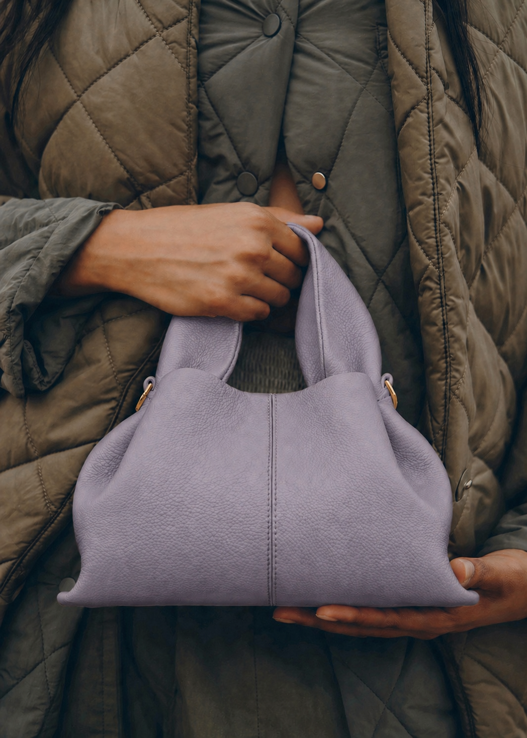 Elegant Minimalist Resort Look Featuring Flowing Ivory Tunic Dress and Draped Neutral Layers with Structured Soft Lilac Leather Top Handle Handbag – Modern Quiet Luxury Womenswear Editorial Style