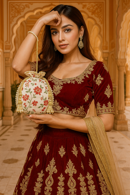 White Floral Embroidered Potli Bag with Pearl Detailing