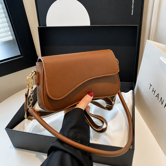 Tan Brown Vegan Leather Saddle Flap Crossbody Bag
