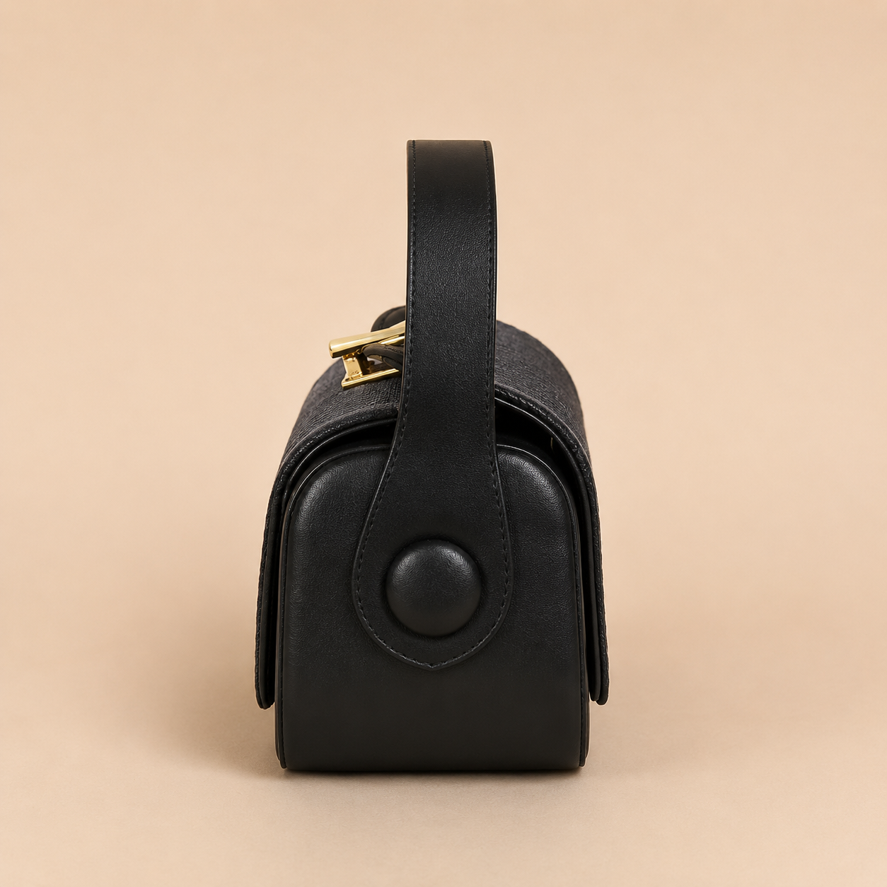 Black Textured Vegan Leather Barrel Top Hand Bag