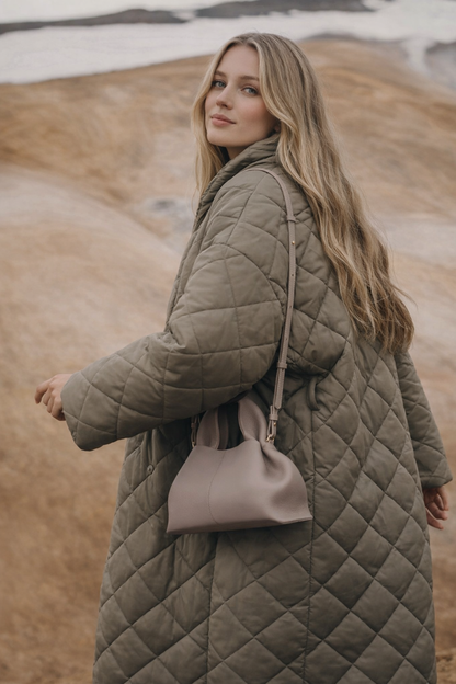 Elegant Soft-Structured Pebbled Leather Shoulder Handbag in Taupe Gray with Sculpted Silhouette, Minimalist Design, and Everyday Luxe Carryall Appeal