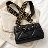 Black Quilted Diamond Flap Bag with Chain Handle & Printed Strap