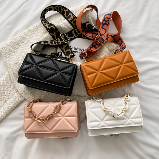 Black Quilted Diamond Flap Bag with Chain Handle & Printed Strap
