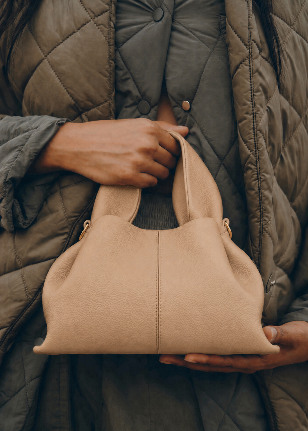 Modern Minimalist Neutral Outfit Featuring Sheer Taupe Button-Up Shirt Layered Over Ribbed Knit Bustier with Flowing Trousers and Structured Sand Beige Leather Top Handle Handbag – Elegant Contemporary Womenswear Editorial Look