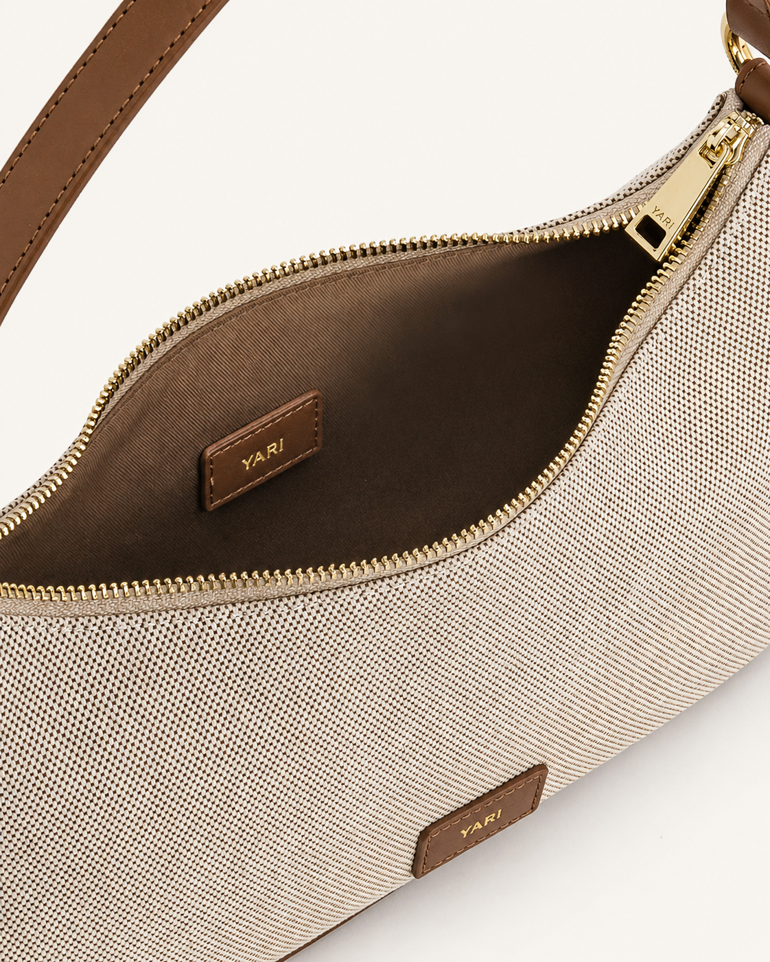 YARI Cream Canvas Shoulder Bag with Brown Leather Trim