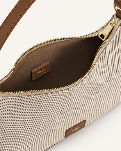 YARI Cream Canvas Shoulder Bag with Brown Leather Trim