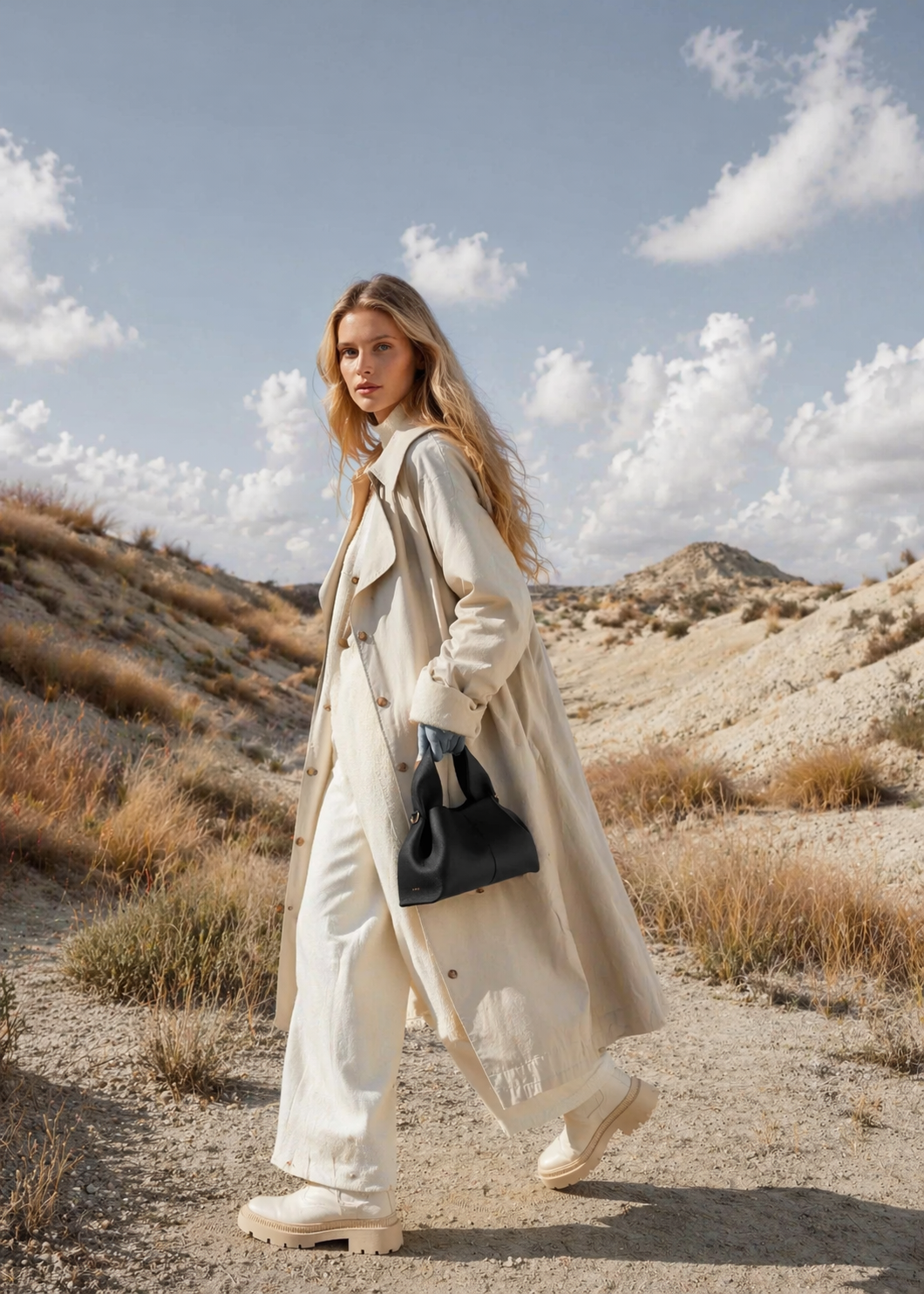 Sophisticated Minimalist Trench Coat Ensemble Featuring Oversized Stone Beige Outerwear and Layered Neutral Tailoring with Structured Black Leather Top Handle Handbag – Modern Quiet Luxury Womenswear Editorial Look