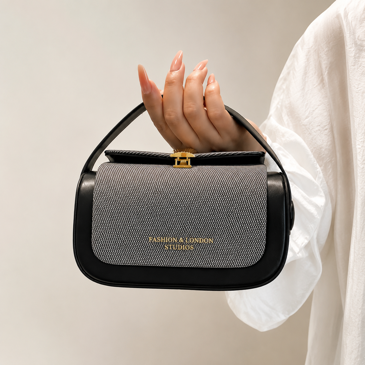 Black Textured Vegan Leather Barrel Top Hand Bag