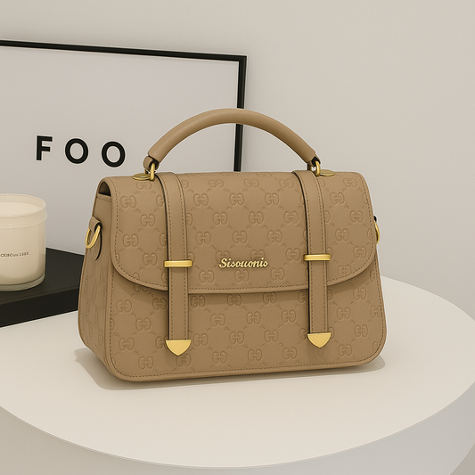 Premium Beige Textured Handbag with Gold Accents