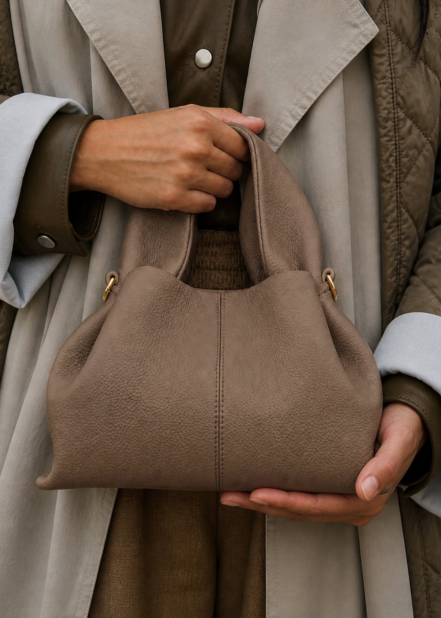 Moody Minimalist Autumn Look Featuring Charcoal Grey Knit Dress and Draped Wool Scarf with Structured Espresso Brown Leather Crossbody Handbag – Elegant Quiet Luxury Womenswear Editorial Style