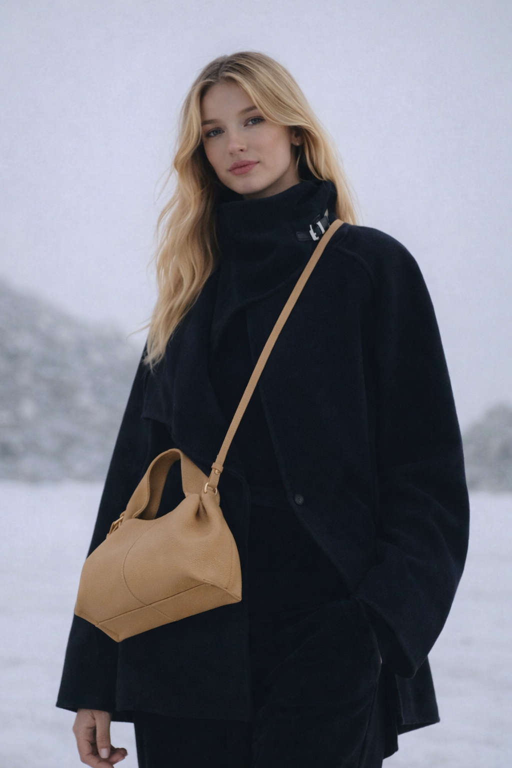 Sophisticated Minimalist Winter Look Featuring Oversized Black Wool Coat with Structured Camel Leather Crossbody Top Handle Handbag – Modern Quiet Luxury Womenswear Editorial Style