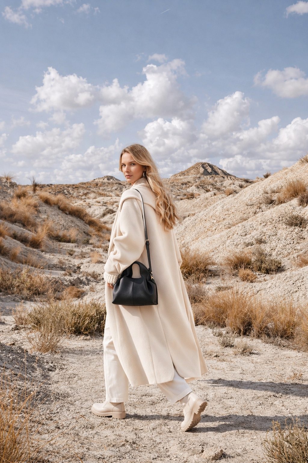 Sophisticated Minimalist Trench Coat Ensemble Featuring Oversized Stone Beige Outerwear and Layered Neutral Tailoring with Structured Black Leather Top Handle Handbag – Modern Quiet Luxury Womenswear Editorial Look