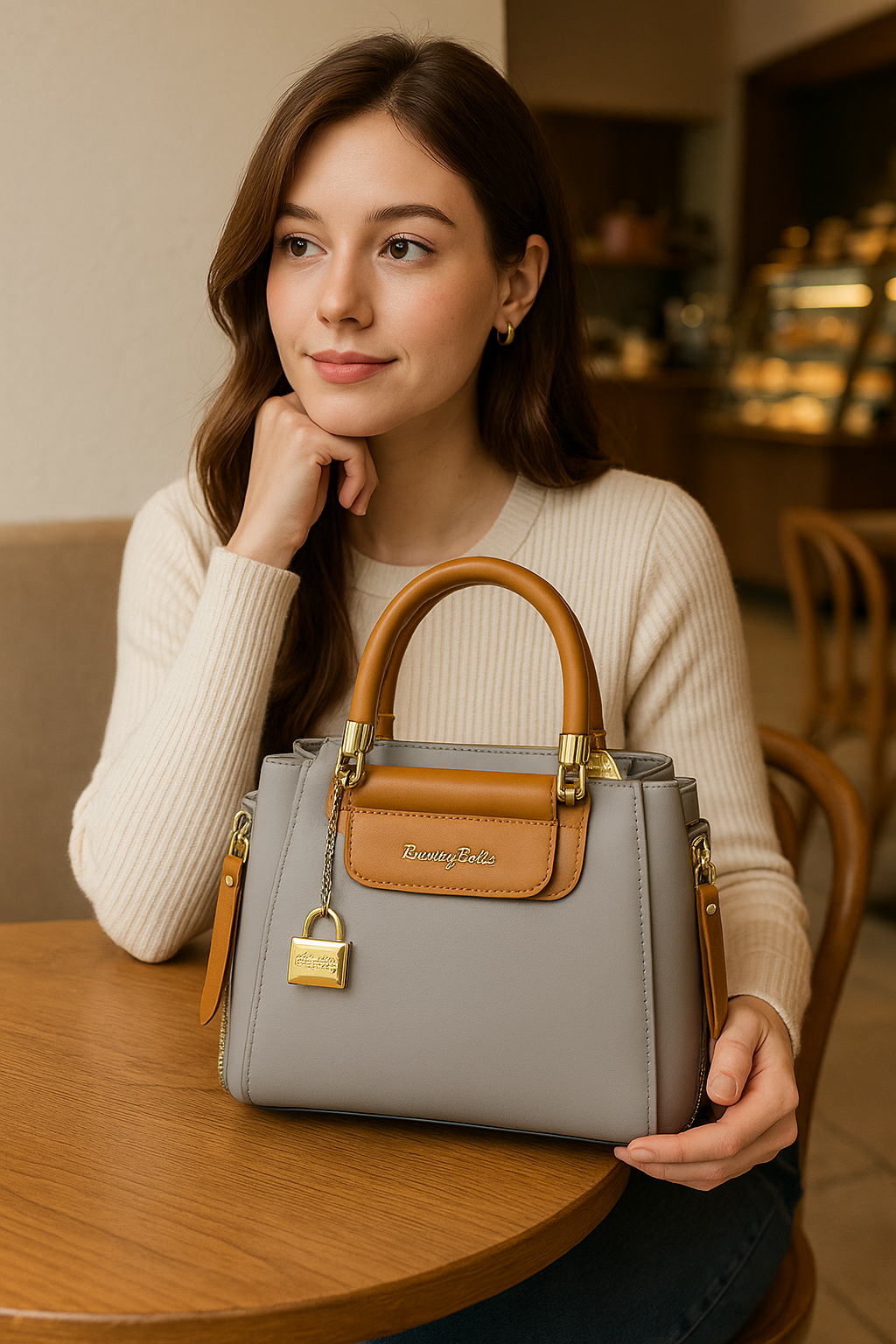 Luxury Designer Tote with Shoulder Strap & Lock Charm