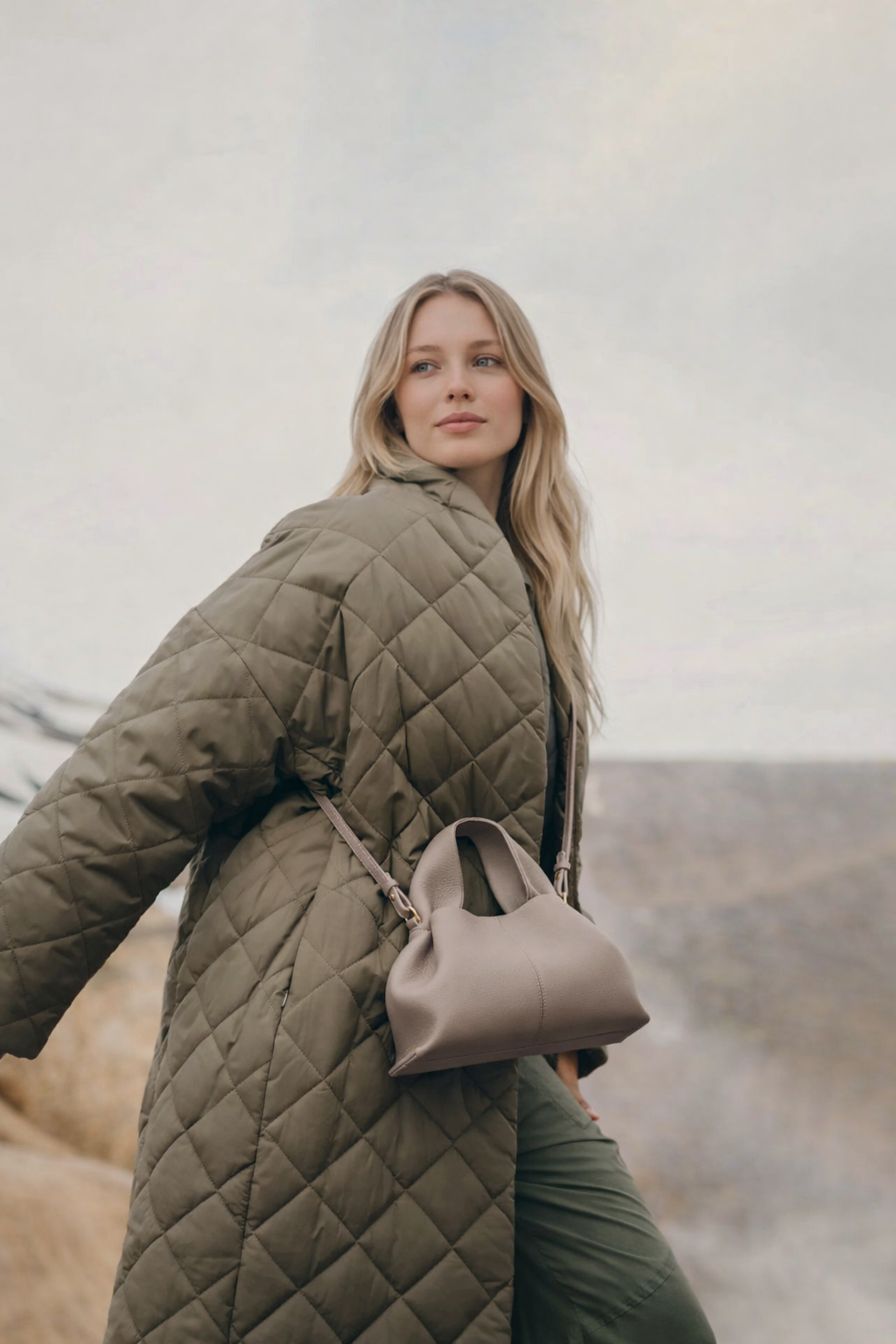 Elegant Soft-Structured Pebbled Leather Shoulder Handbag in Taupe Gray with Sculpted Silhouette, Minimalist Design, and Everyday Luxe Carryall Appeal