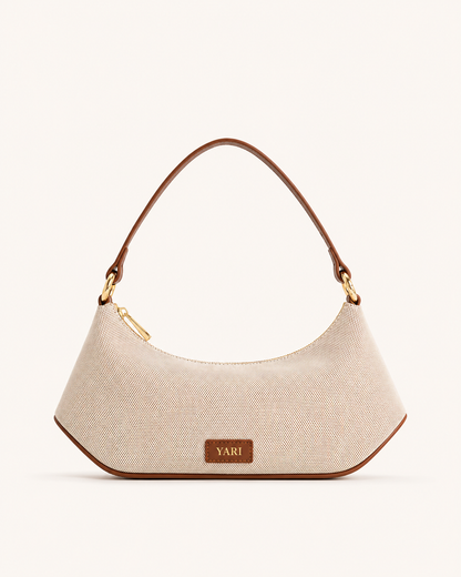 YARI Cream Canvas Shoulder Bag with Brown Leather Trim