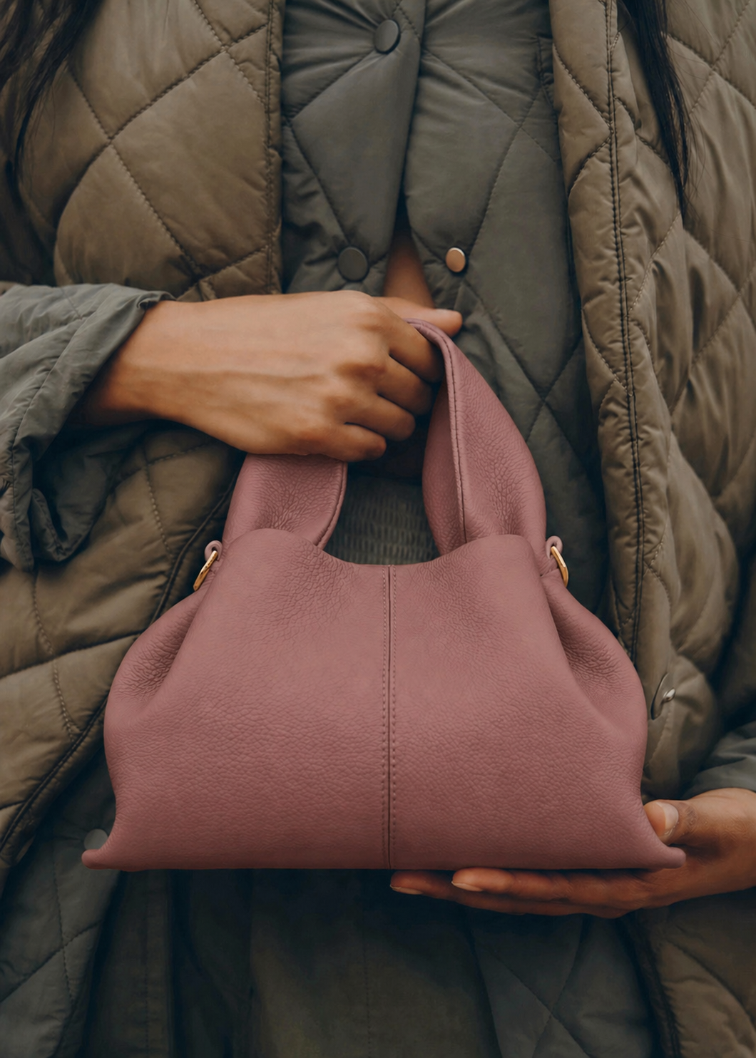 Elegant Minimalist Taupe Wool Cape Outfit with Structured Dusty Rose Leather Crossbody Handbag – Timeless Neutral Luxury Fashion Editorial Look for Autumn/Winter Womenswear