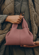Elegant Minimalist Taupe Wool Cape Outfit with Structured Dusty Rose Leather Crossbody Handbag – Timeless Neutral Luxury Fashion Editorial Look for Autumn/Winter Womenswear