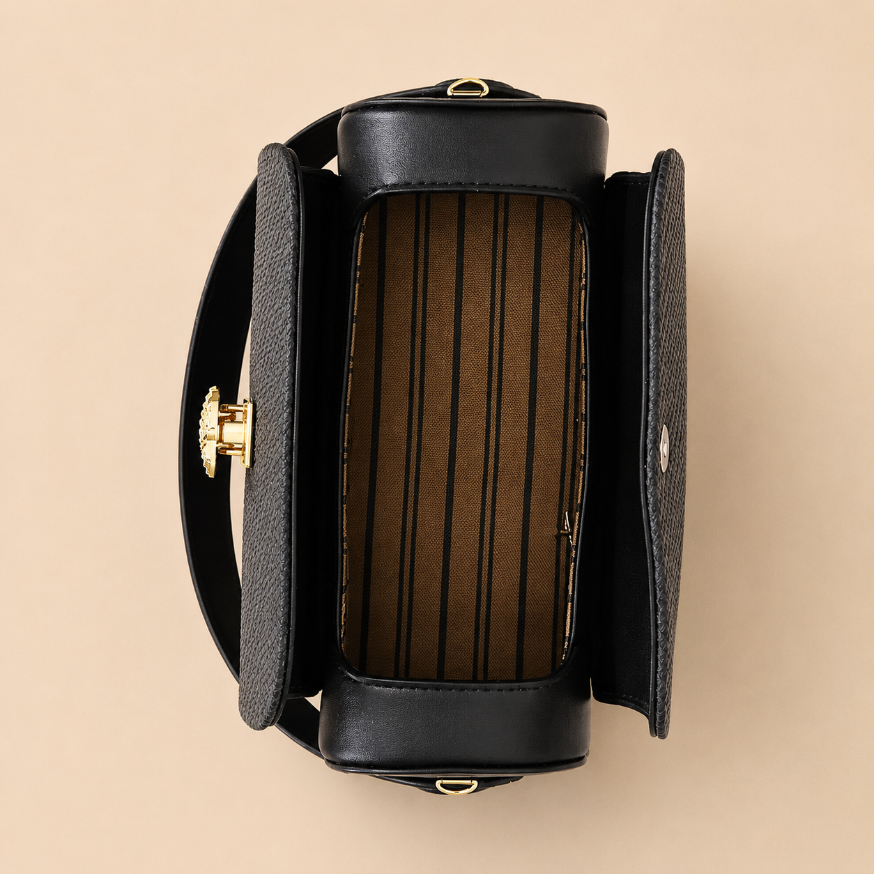 Black Textured Vegan Leather Barrel Top Hand Bag