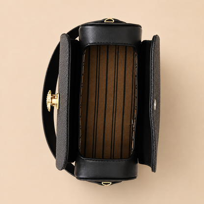 Black Textured Vegan Leather Barrel Top Hand Bag