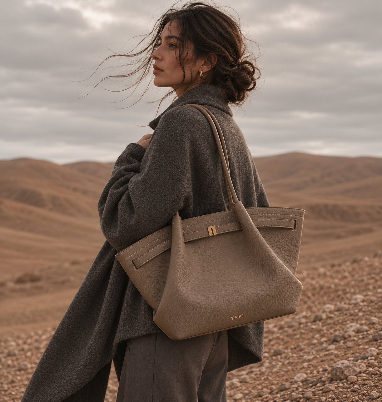 YARI Stone Structured Tote Bag with Gold Turn-Lock Clasp