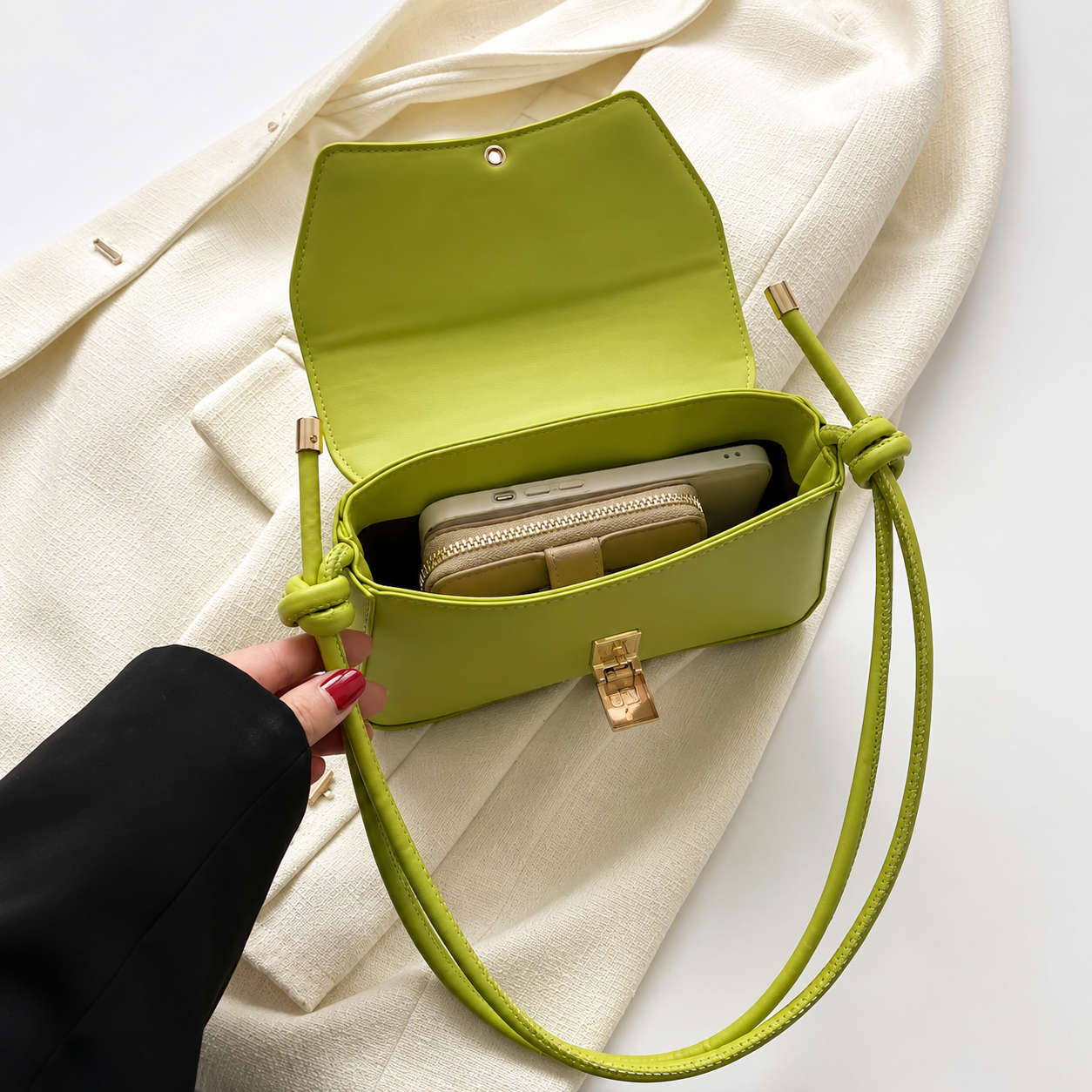 Olive Green Vegan Leather Knot Handle Hand Bag
