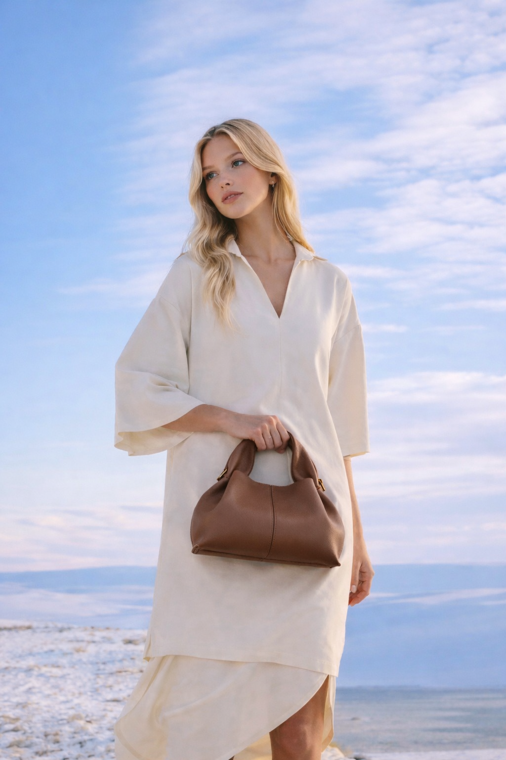 Moody Minimalist Autumn Look Featuring Charcoal Grey Knit Dress and Draped Wool Scarf with Structured Espresso Brown Leather Crossbody Handbag – Elegant Quiet Luxury Womenswear Editorial Style