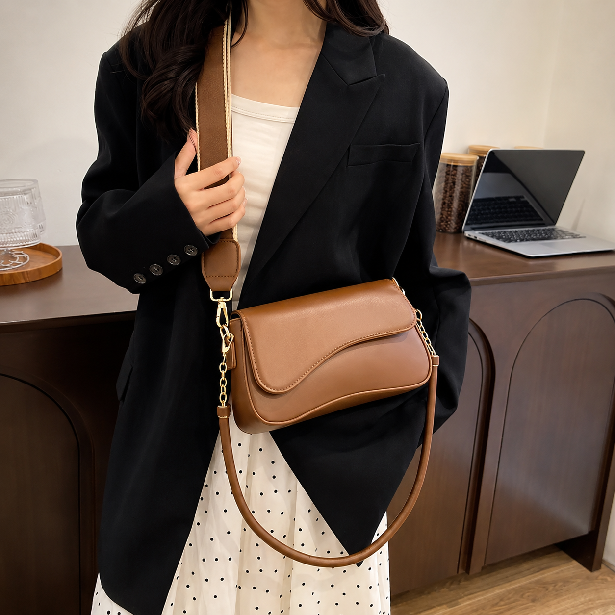 Tan Brown Vegan Leather Saddle Flap Crossbody Bag