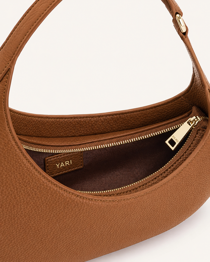 YARI Tan Leather Crescent Shoulder Bag