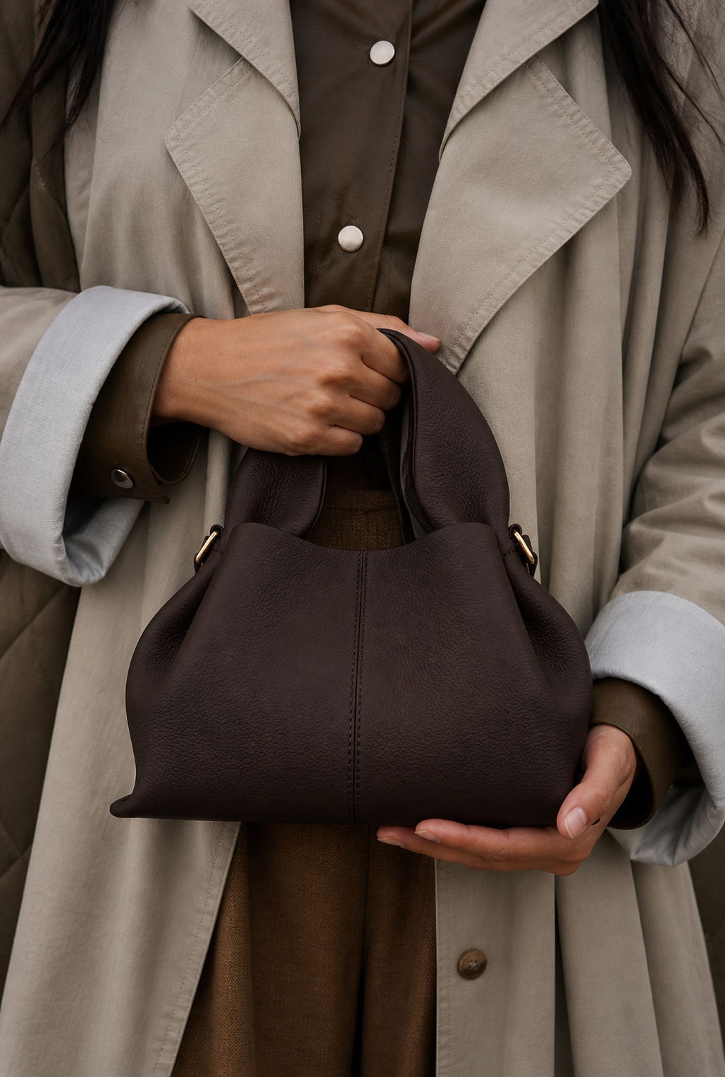 Moody Minimalist Outdoor Look Featuring Monochrome Plum Knit Layering and Tailored Trousers with Structured Espresso Brown Leather Top Handle Handbag – Sophisticated Quiet Luxury Womenswear Editorial Style