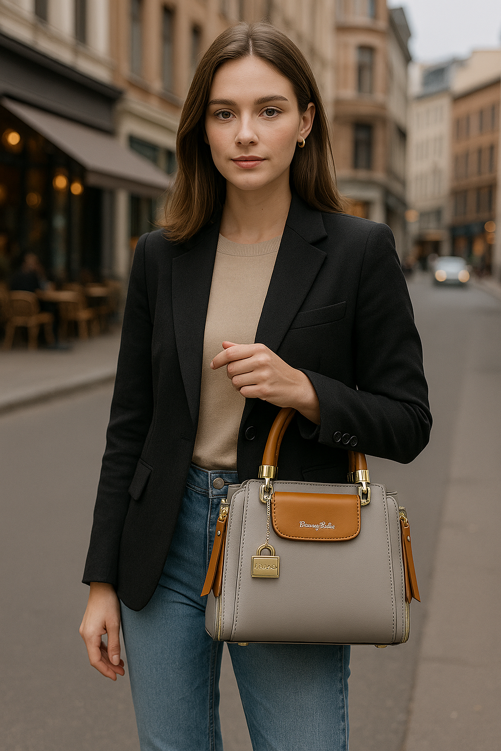 Luxury Designer Tote with Shoulder Strap & Lock Charm