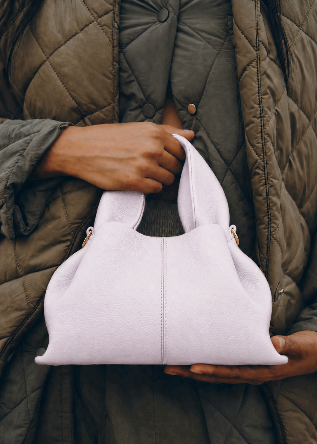 Modern Minimalist Editorial Look Featuring Draped Sage Grey Tailoring with Structured Soft Lilac Leather Crossbody Top Handle Handbag – Elegant Quiet Luxury Womenswear Fashion Style