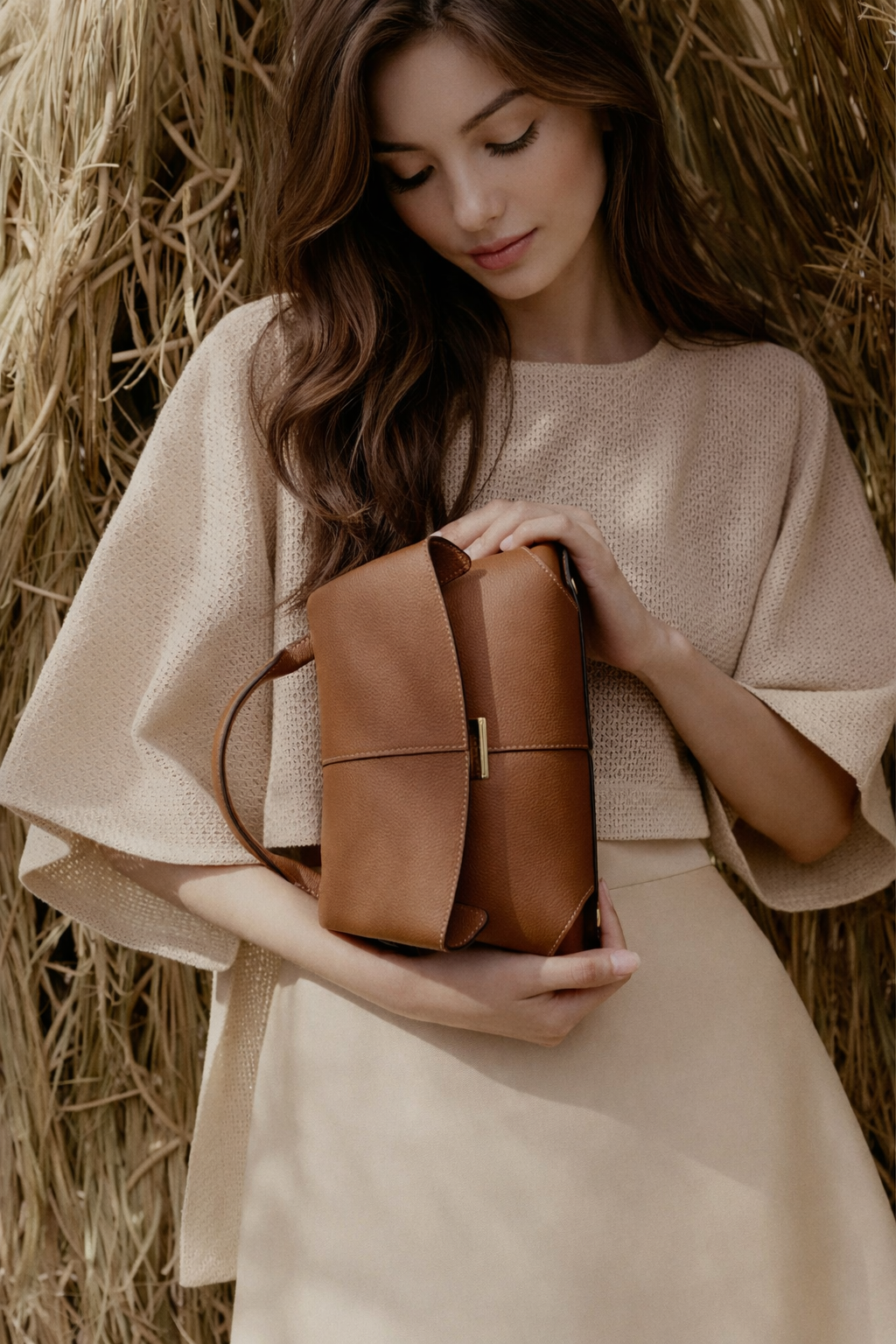 Elegant Tan Pebbled Leather Top-Handle Mini Handbag with Fold-Over Flap and Gold-Tone Hardware Styled with Neutral Knit Ensemble