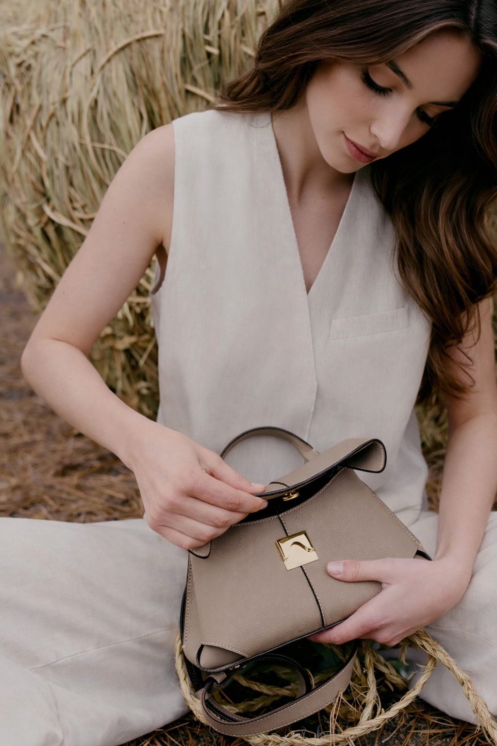 Taupe Leather Top-Handle Shoulder Bag Styled on Model in Neutral Sleeveless Dress