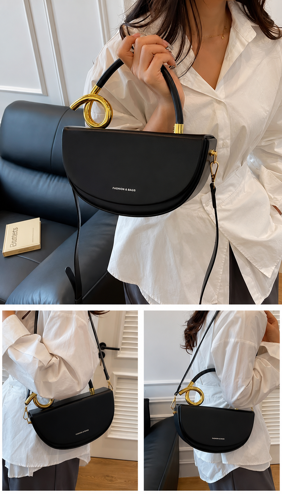 Black Vegan Leather Half-Moon Top Hand Bag