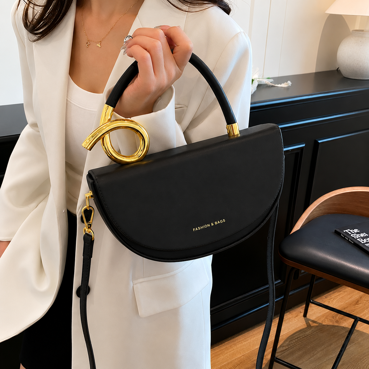 Black Vegan Leather Half-Moon Top Hand Bag