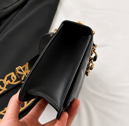 Black Quilted Diamond Flap Bag with Chain Handle & Printed Strap