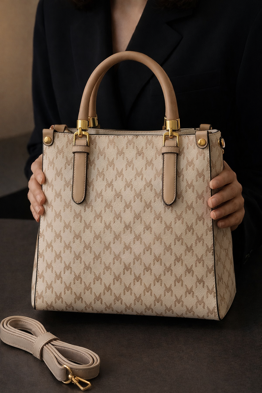 Beige Monogram Classic Structured Tote