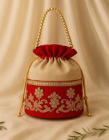 Beige & Red Embroidered Potli Bag with Golden Beaded Handle