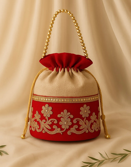 Beige & Red Embroidered Potli Bag with Golden Beaded Handle
