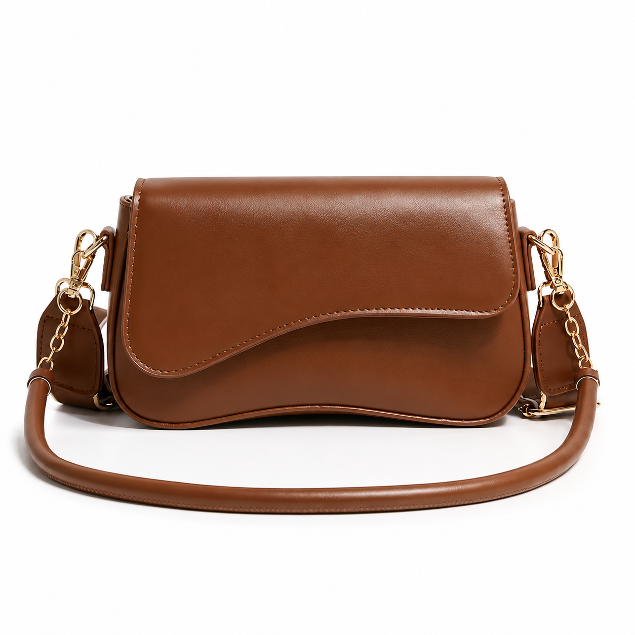 Tan Brown Vegan Leather Saddle Flap Crossbody Bag