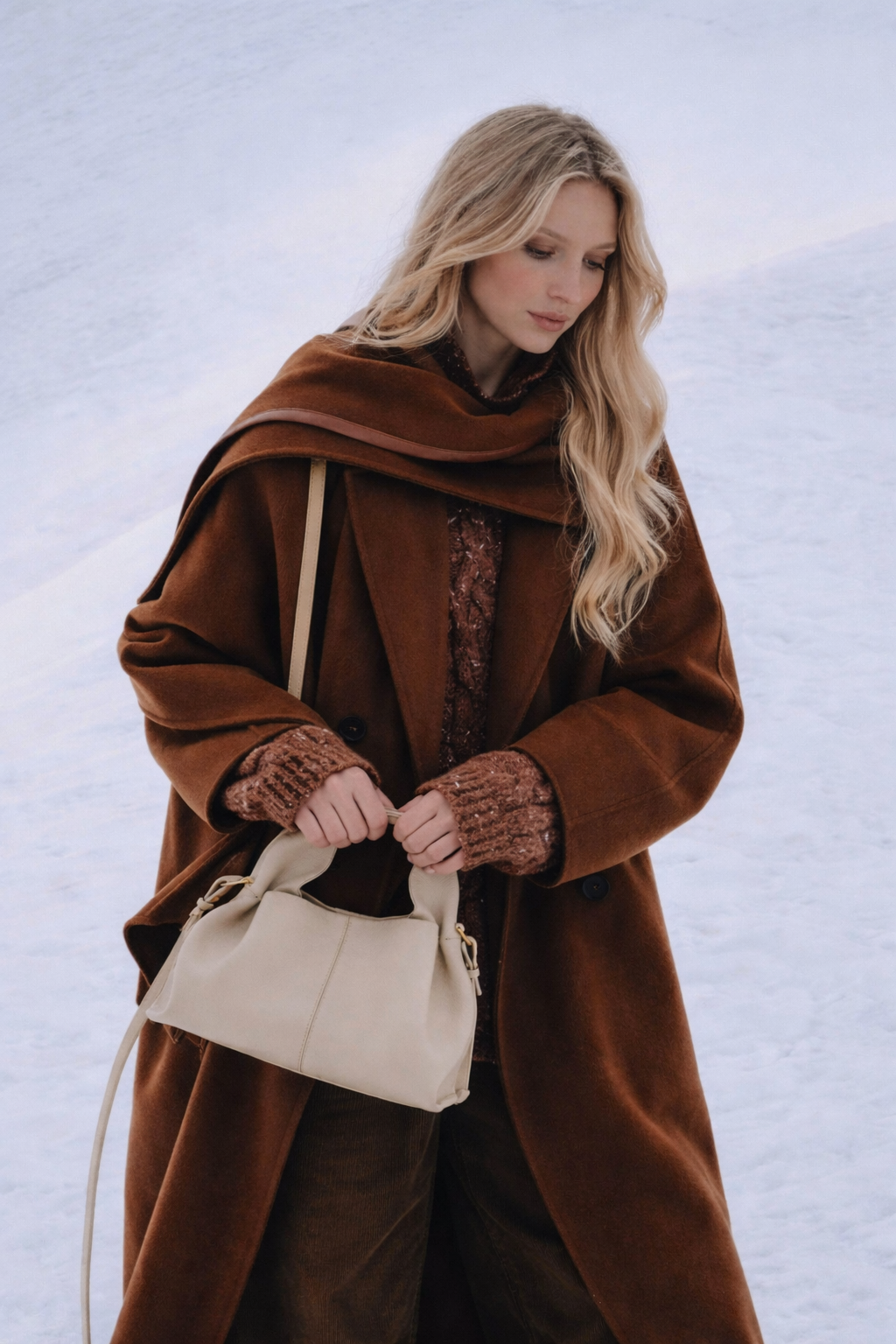 Elegant Winter Minimalist Look Featuring Rich Chocolate Wool Coat and Textured Knit Sleeves with Structured Stone Beige Leather Top Handle Handbag – Timeless Quiet Luxury Womenswear Editorial Style