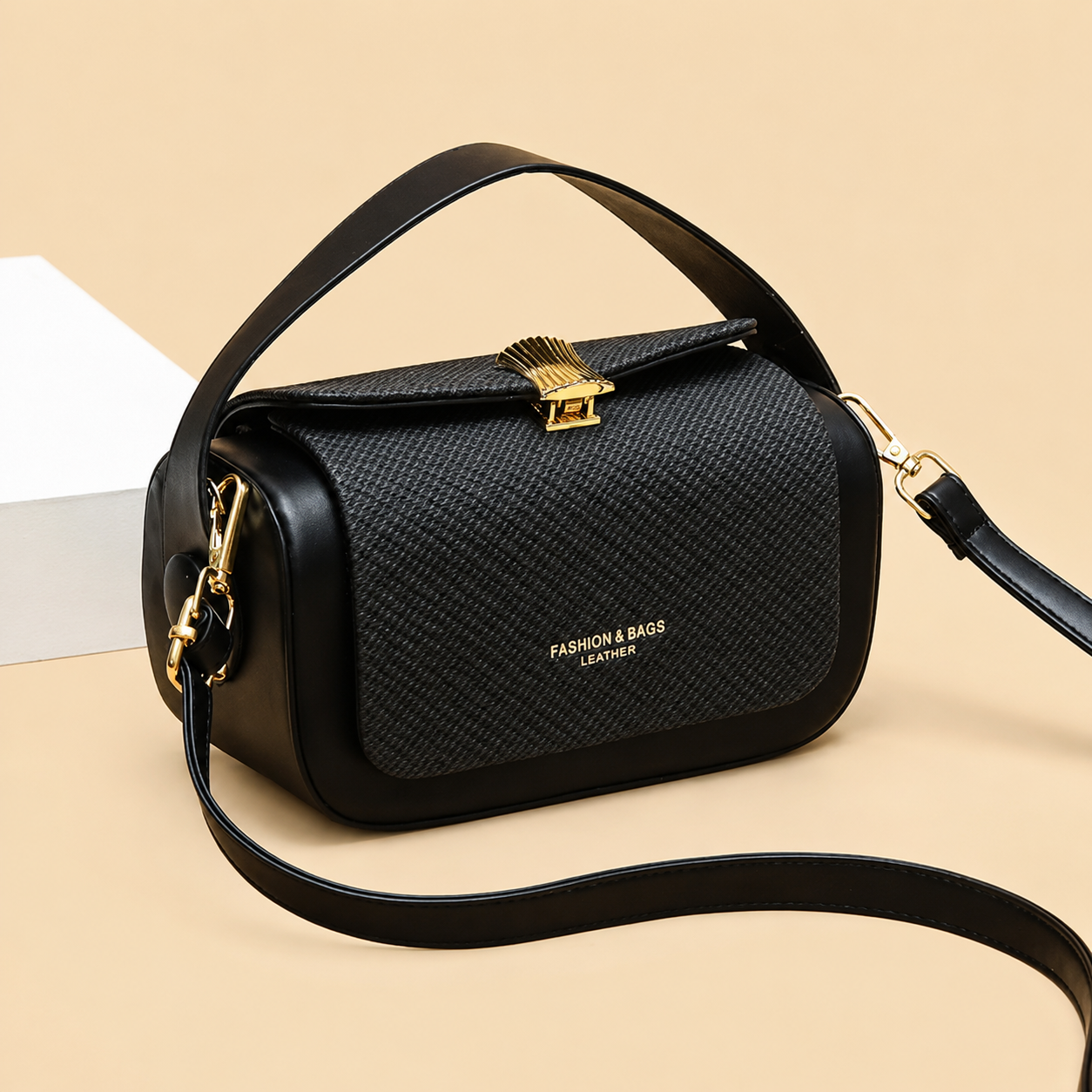 Black Textured Vegan Leather Barrel Top Hand Bag